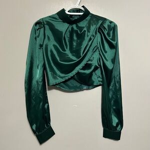 Women's Blouse XS Emerald Green Satin Mock Neck Puff Sleeve Cropped Top Party